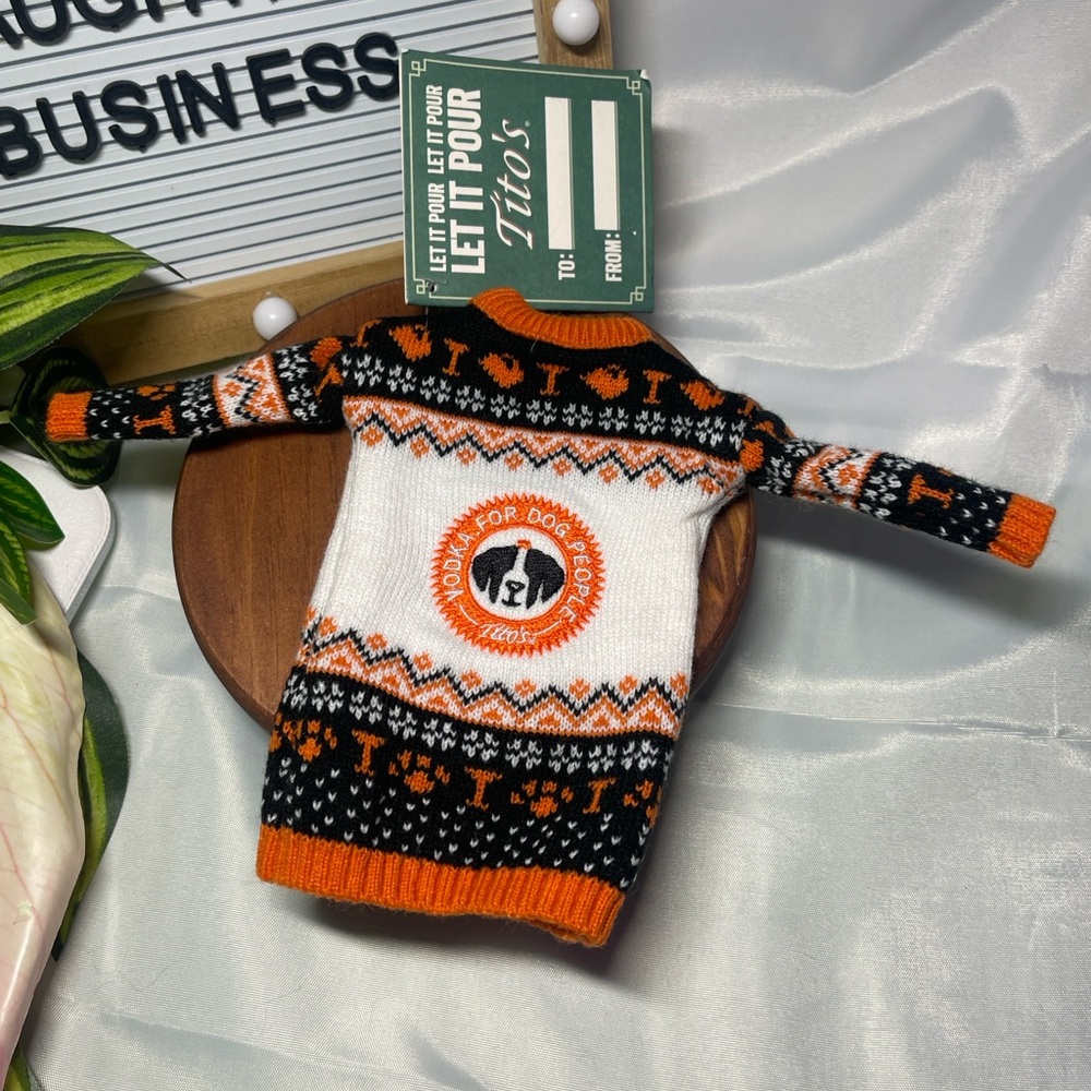 Tito’s Vodka For Dog People Knit Bottle Koozie Sweater Halloween Christmas NWT